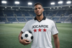 Man holding a soccer ball on a sports field with 'Jocarde' branding.