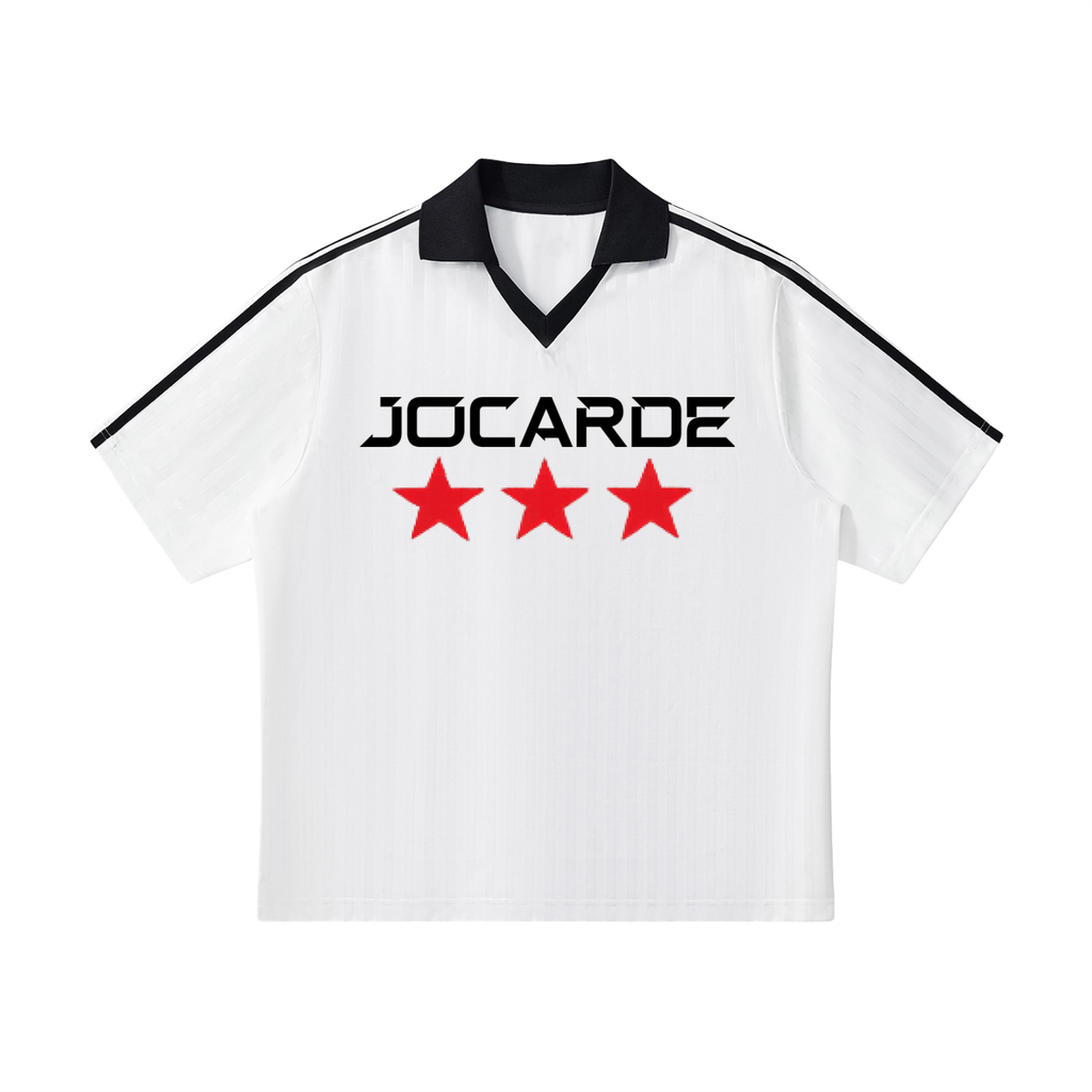 White shirt with black collar and trim, featuring 'JOCARDE' and three red stars on a white background.