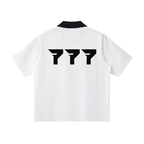 White shirt with black collar and logo on the back against a white background