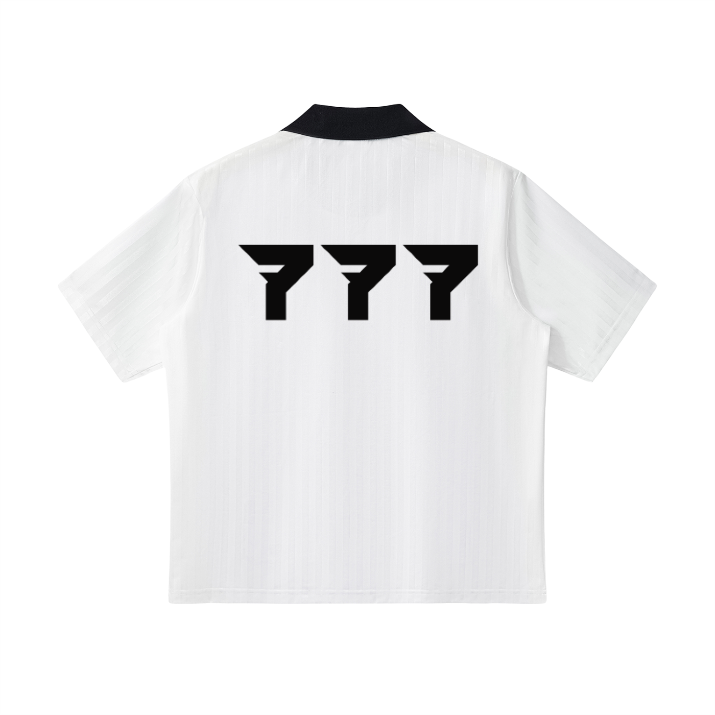 White shirt with black collar and logo on the back against a white background