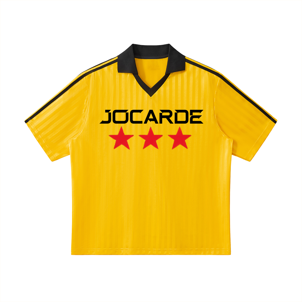 Yellow sports jersey with black collar and red stars on a white background