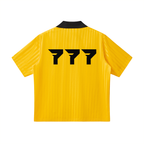 Yellow shirt with black logo on the back against a white background