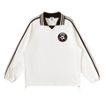 White sports jacket with black stripes and a logo on a white background