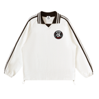 White sports jacket with black stripes and a logo on a white background