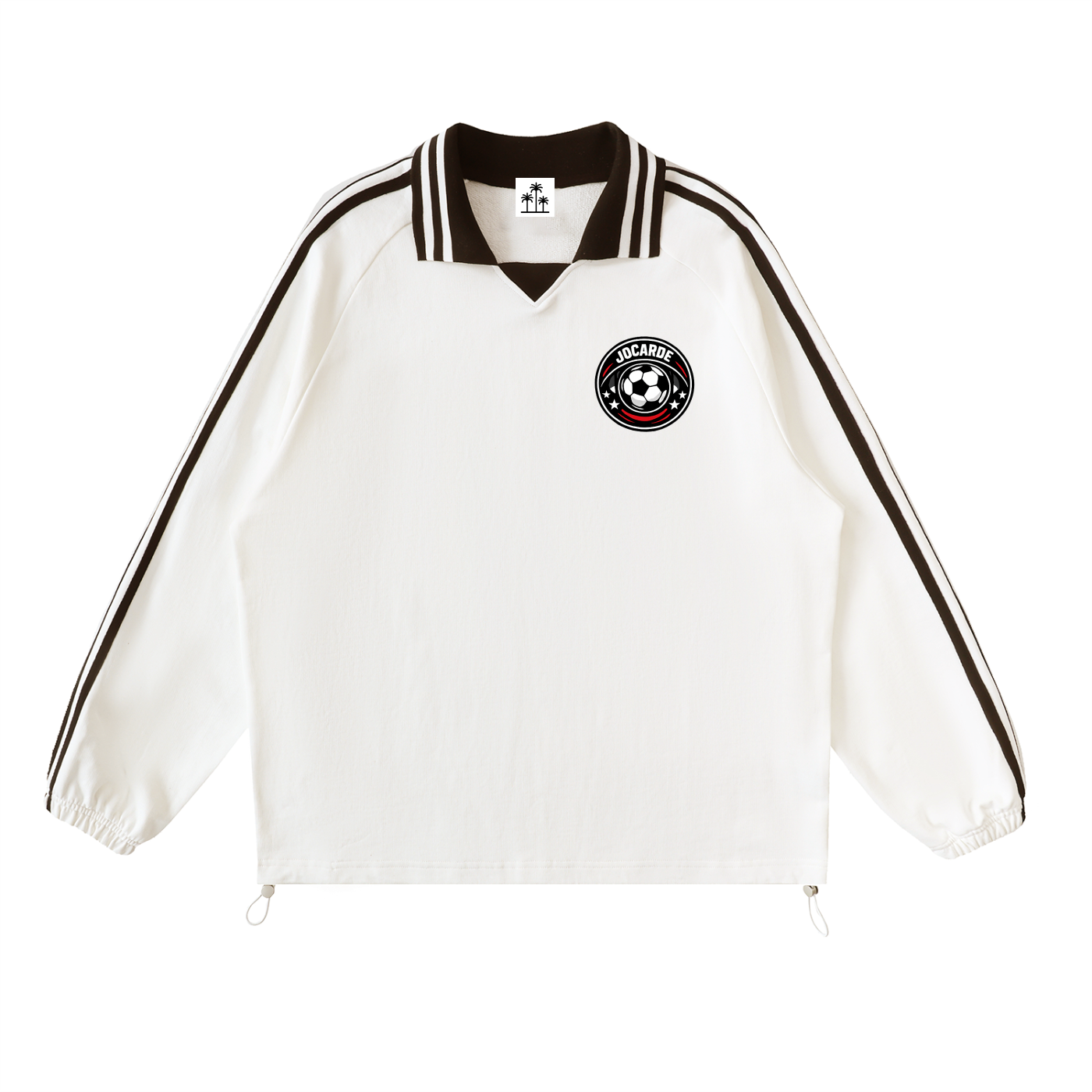 White sports jacket with black stripes and a logo on a white background