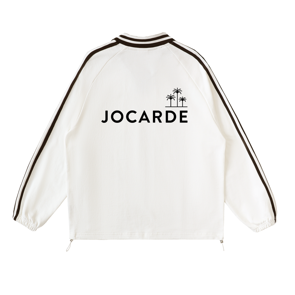 White jacket with black trim and 'JOCARDE' logo on a white background
