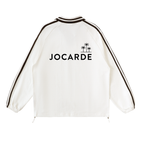 White jacket with black trim and 'JOCARDE' logo on a white background