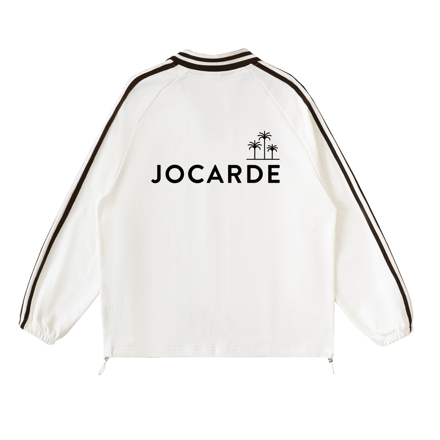White jacket with black trim and 'JOCARDE' logo on a white background