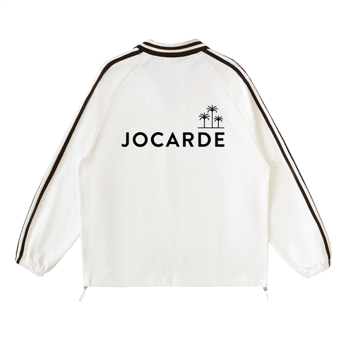 White jacket with black trim and 'JOCARDE' logo on a white background