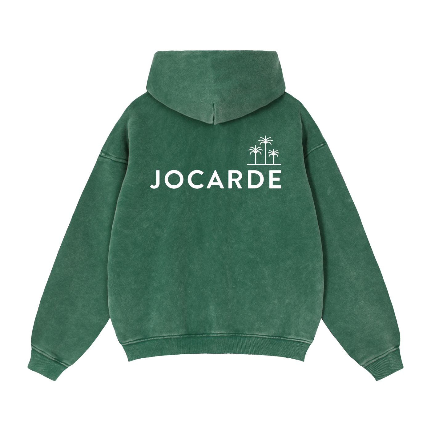 Dark Green hoodie with 'JOCARDE' branding on the back against a white background