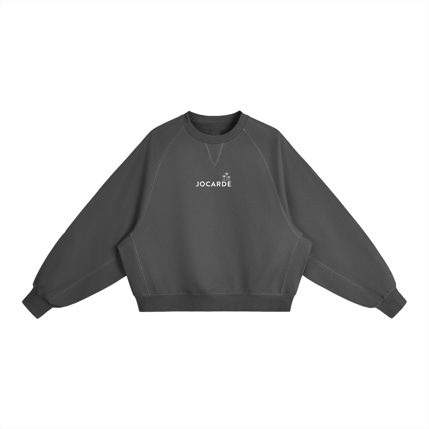 Dark grey sweatshirt with a brand logo on a white background