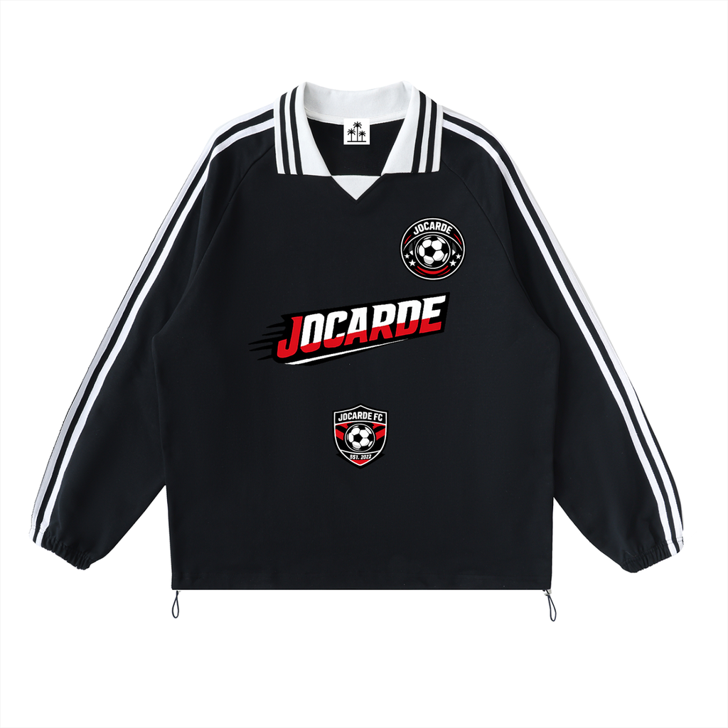 Black sports jacket with white stripes and logos on a white background