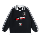 Black sports jacket with white stripes and logos on a white background