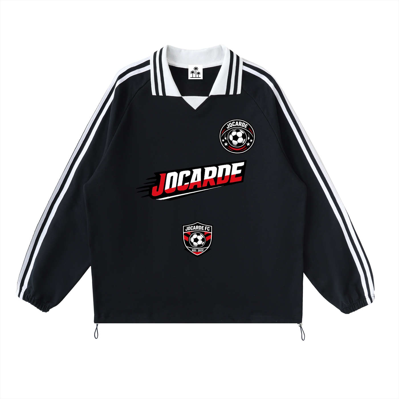 Black sports jacket with white stripes and logos on a white background