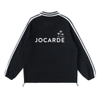 Black jacket with white stripes and 'JOCARDE' logo on a white background