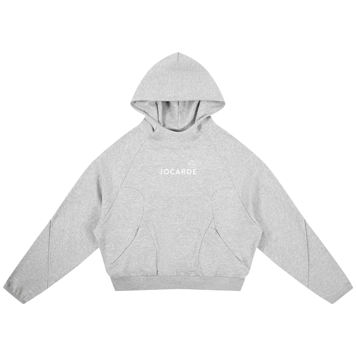 Grey hoodie with 'JOCARDE' branding on a white background