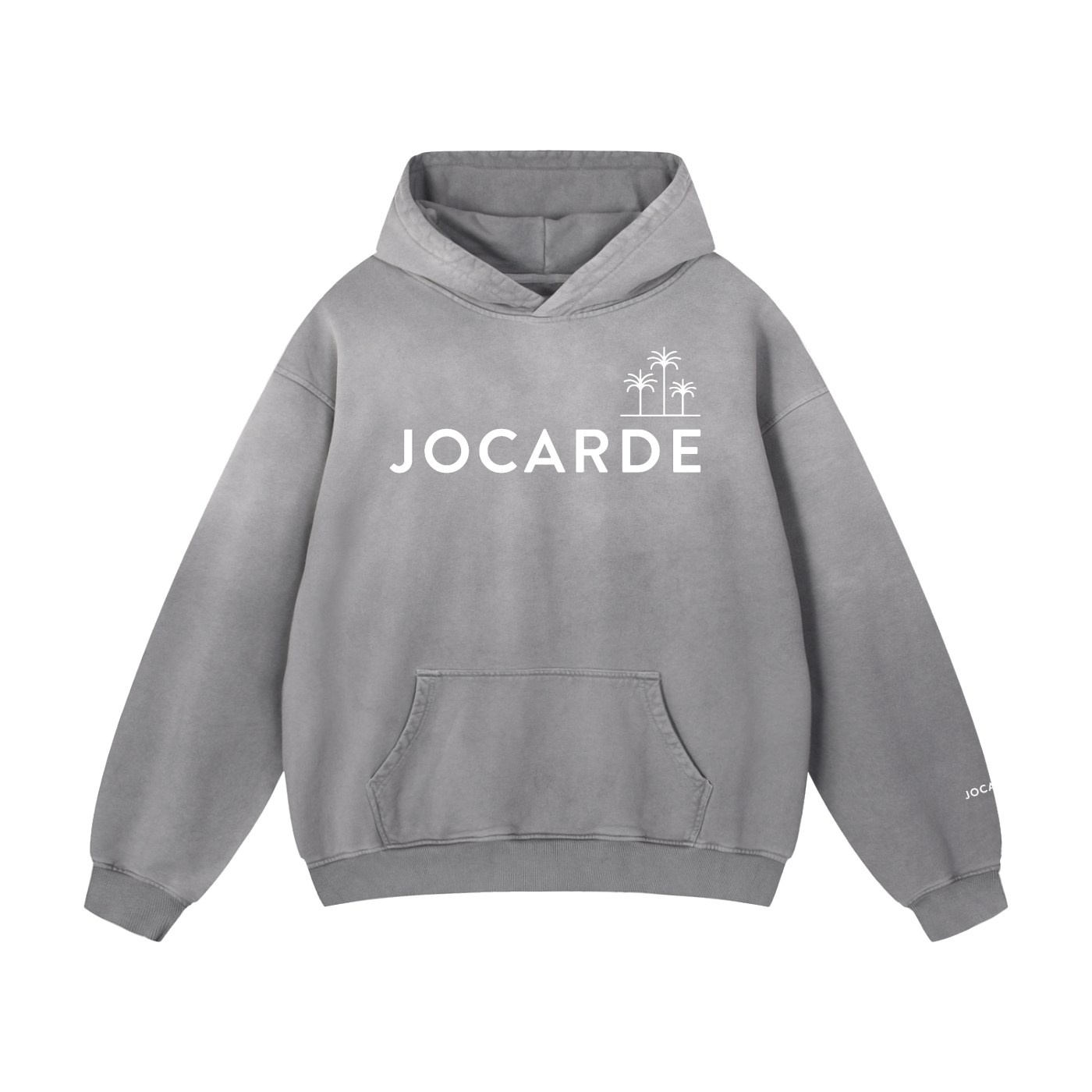 Grey hoodie with 'JOCARDE' logo on a white background