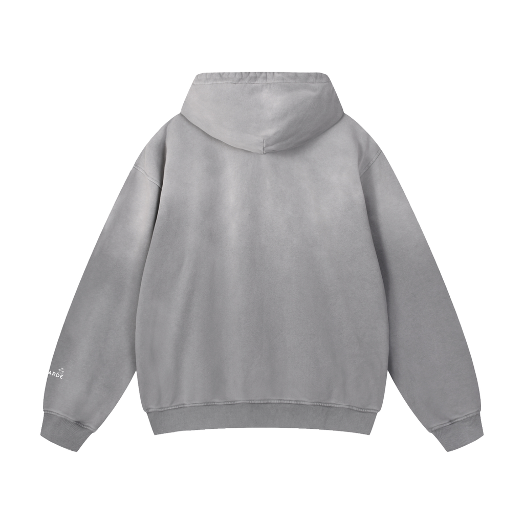 Grey hoodie with green text on the back against a white background