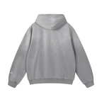 Grey hoodie with green text on the back against a white background