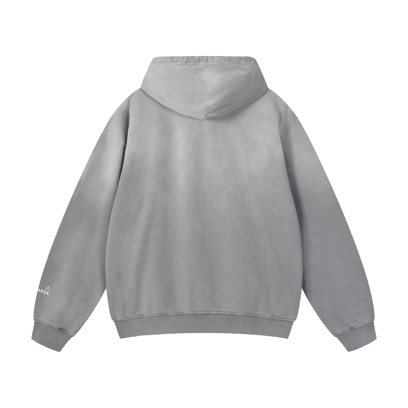 Grey hoodie with green text on the back against a white background