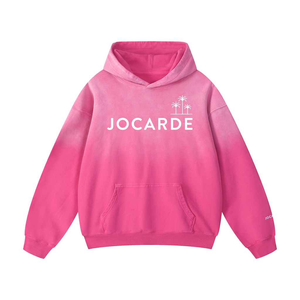 Pink hoodie with 'JOCARDE' branding on a white background