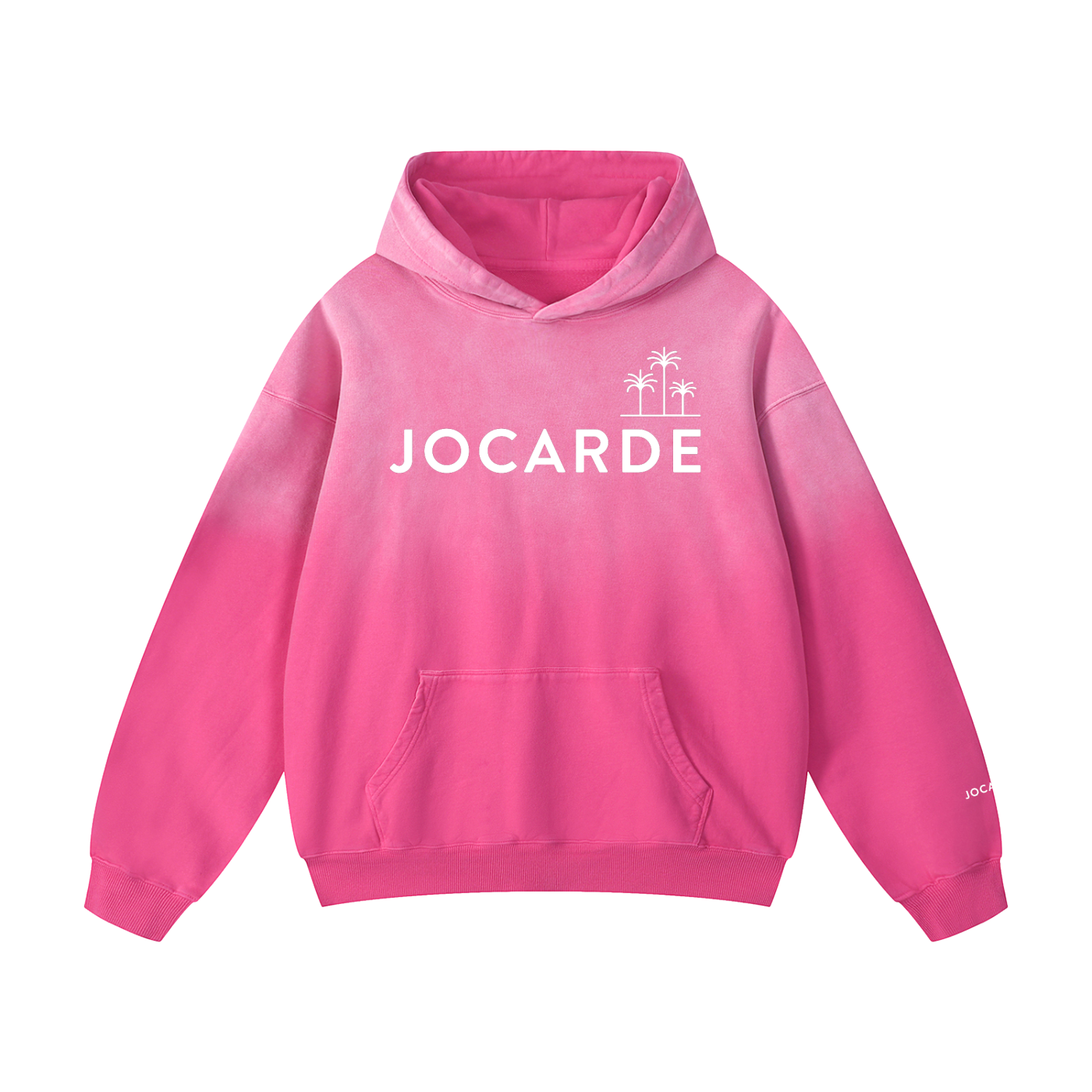 Pink hoodie with 'JOCARDE' branding on a white background