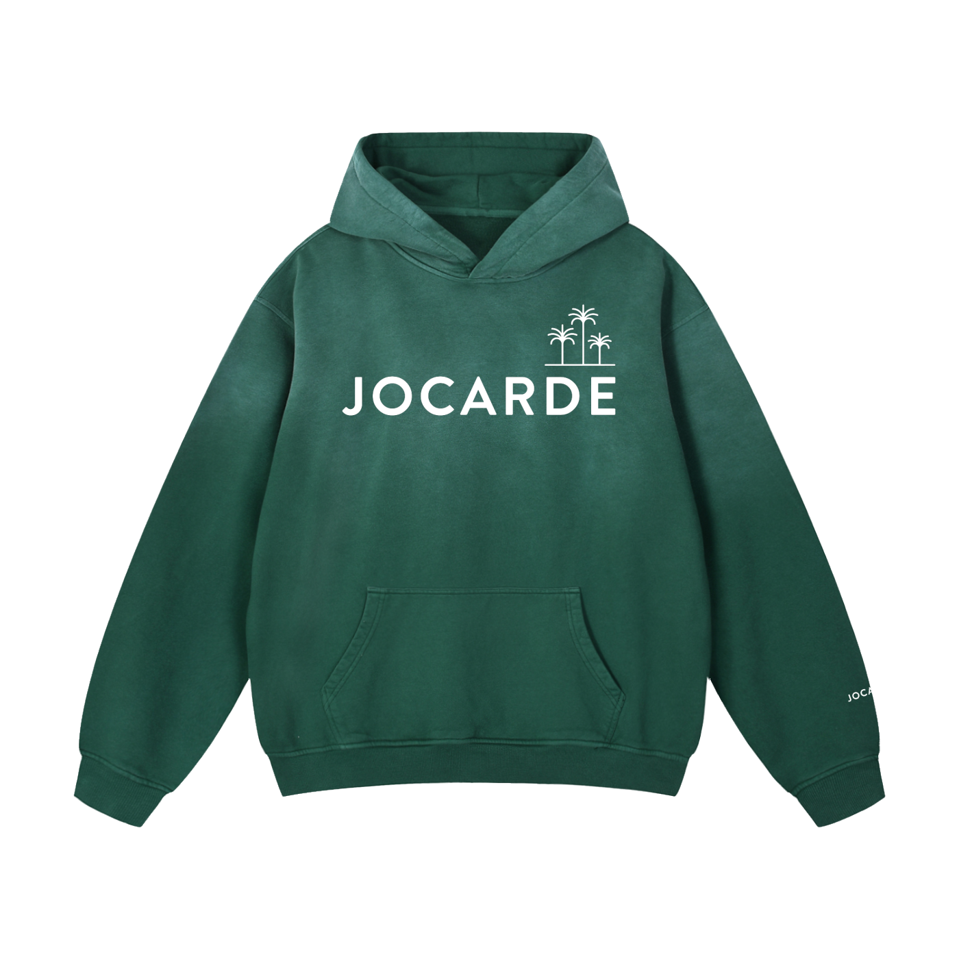 Green hoodie with 'JOCARDE' logo on a white background