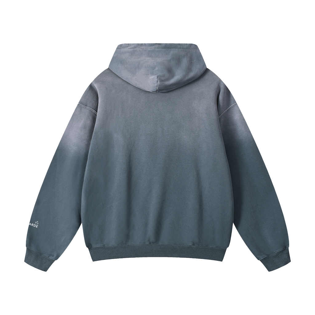 Gray hoodie with a brand logo on the back against a white background