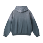Gray hoodie with a brand logo on the back against a white background