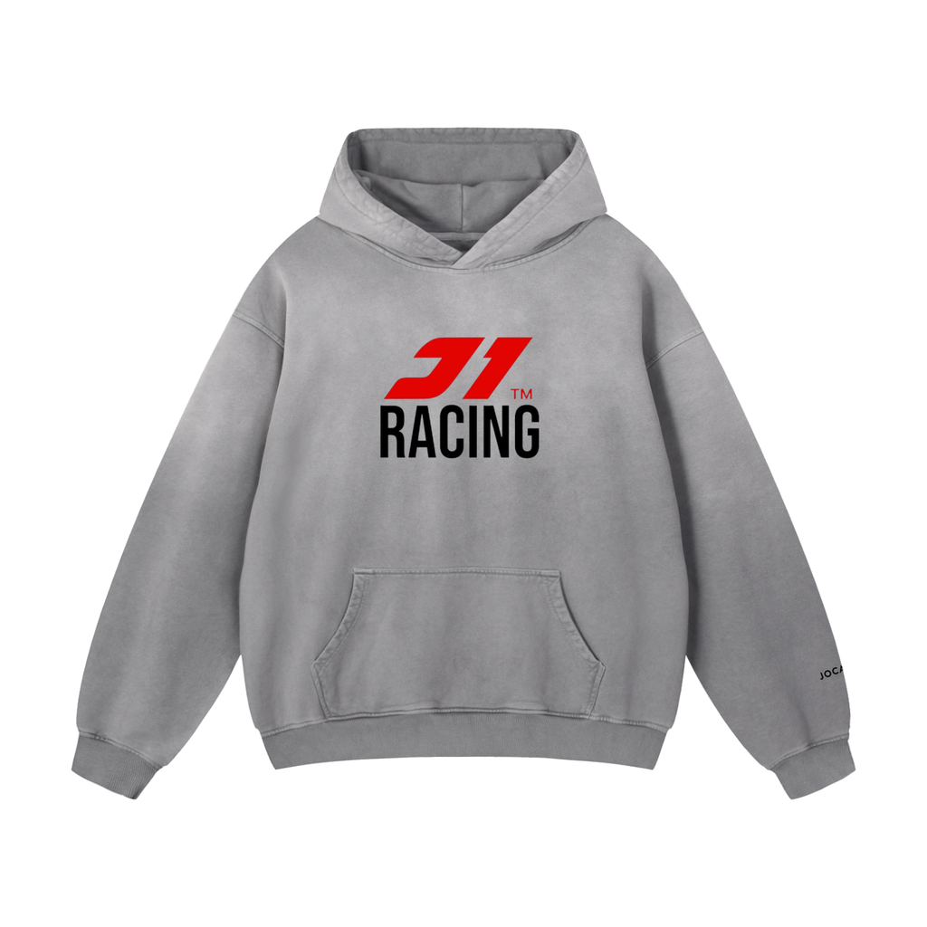 Gray hoodie with a racing logo on a white background