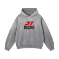 Gray hoodie with a racing logo on a white background