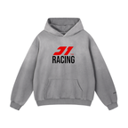 Gray hoodie with a racing logo on a white background