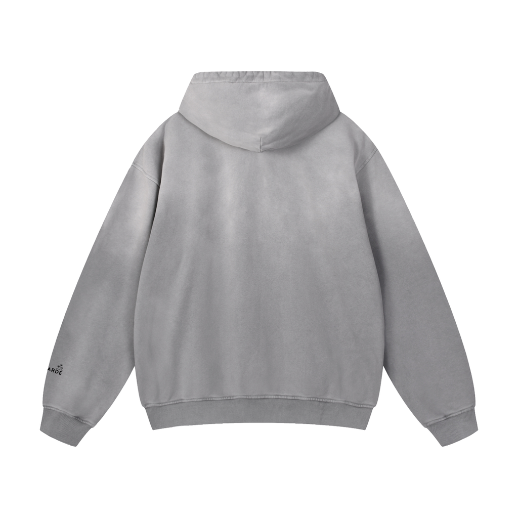 Gray hoodie with a brand logo on the back against a white background