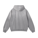 Gray hoodie with a brand logo on the back against a white background