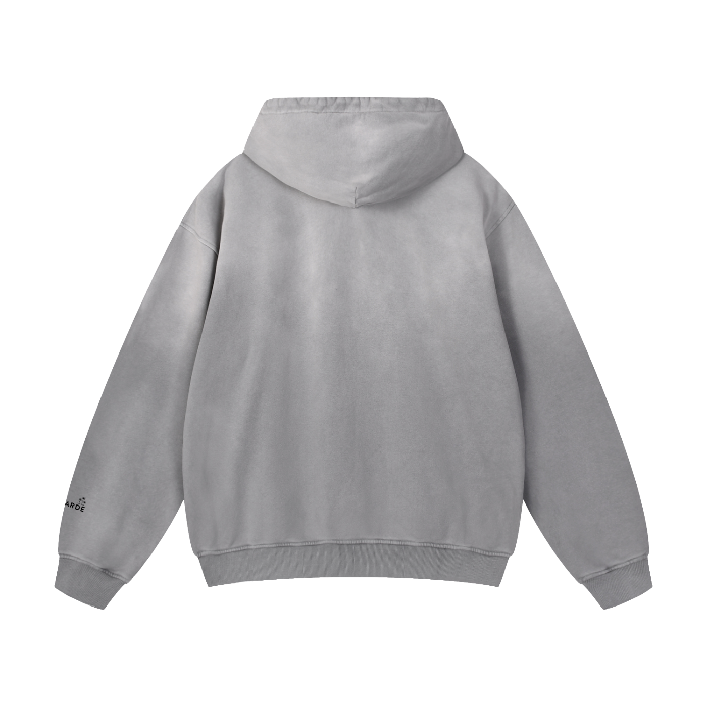 Gray hoodie with a brand logo on the back against a white background