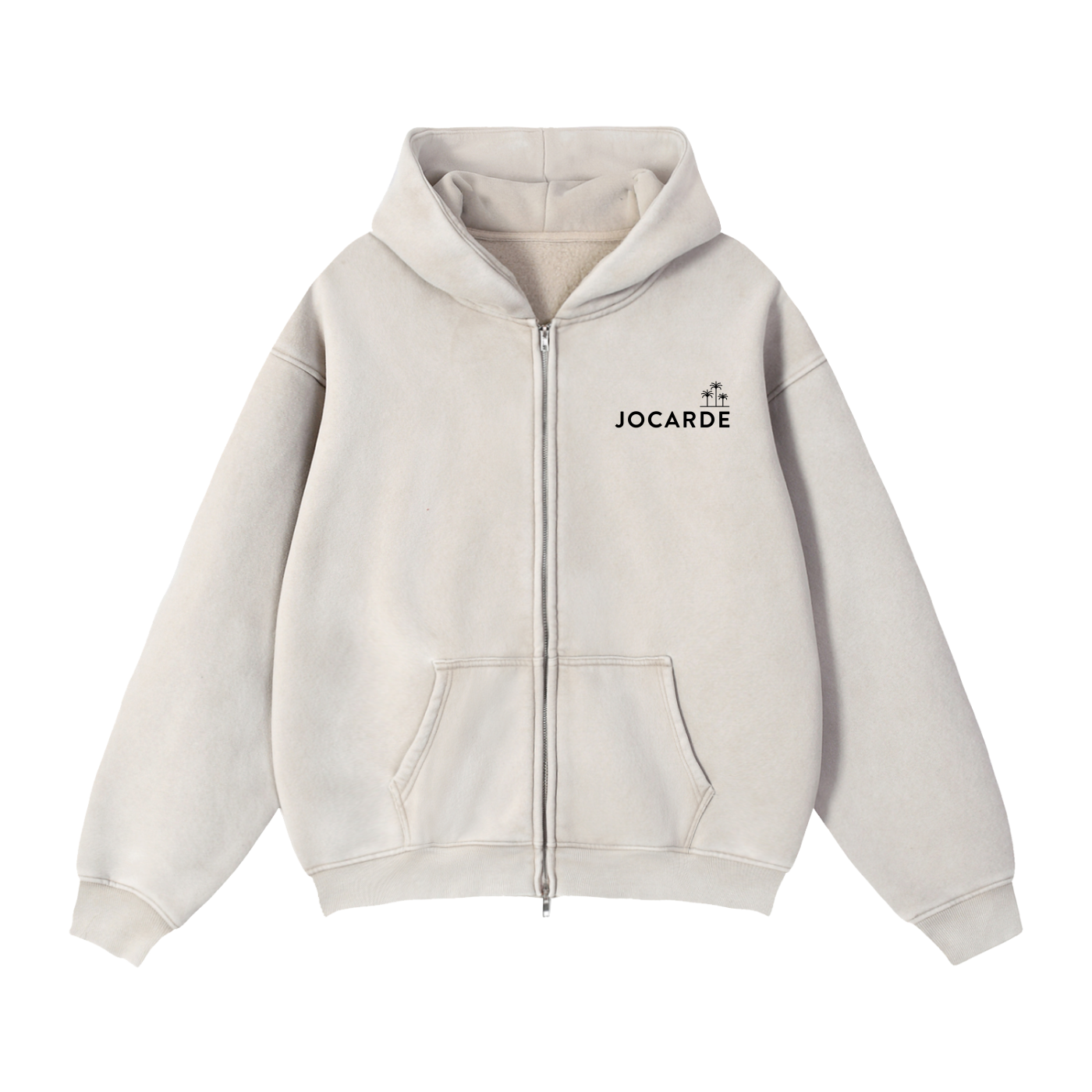 Mild apricot hoodie with a brand logo on a white background
