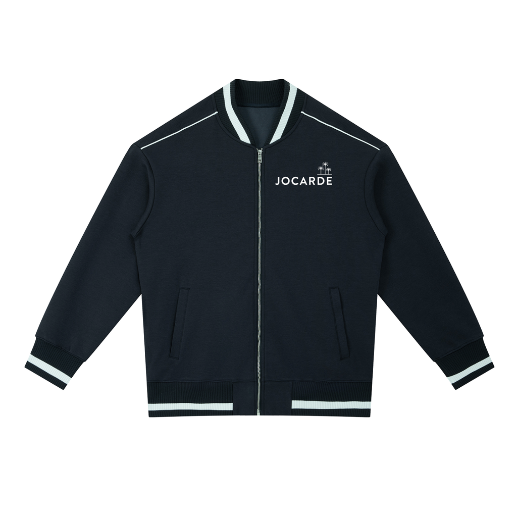 Nvy Blue jacket with white piping and 'JOCARDE' branding on a white background