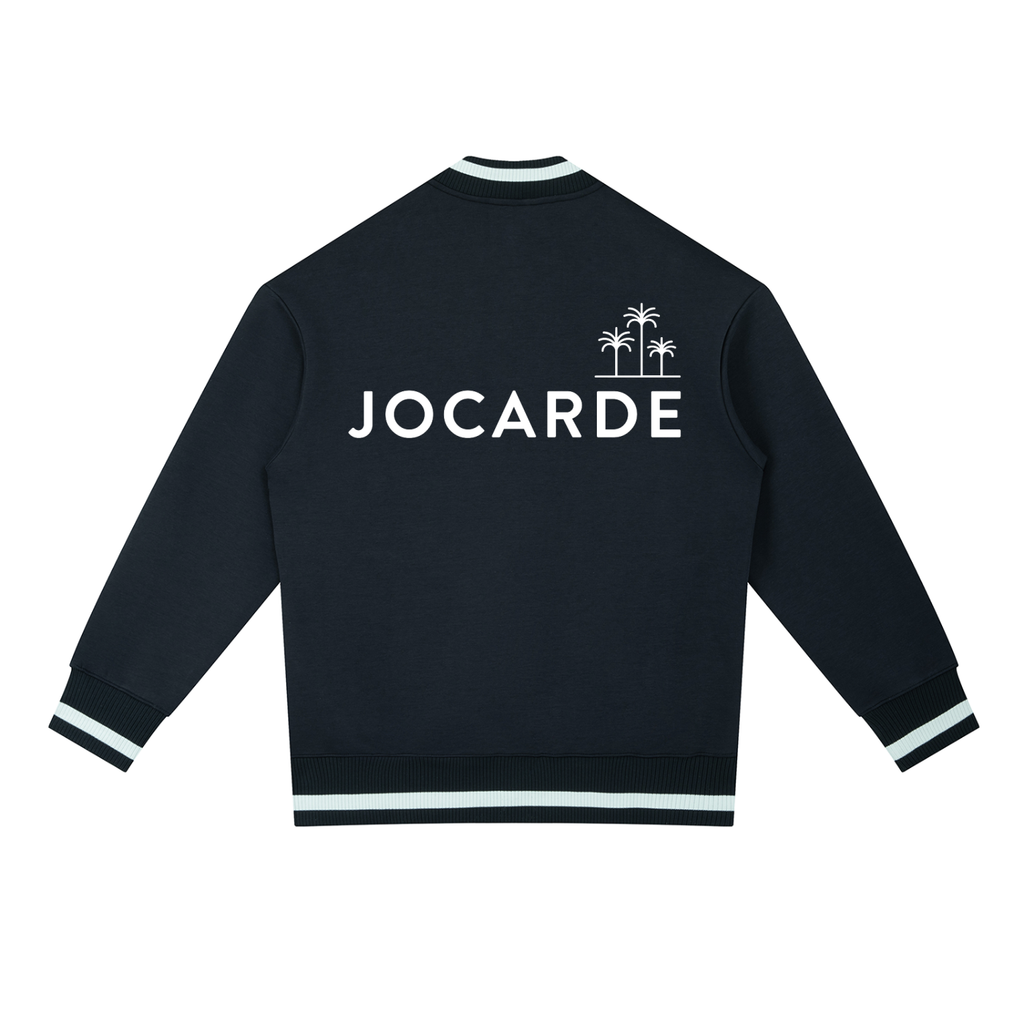 Navy Blue back jacket with 'JOCARDE' branding on the back against a white background
