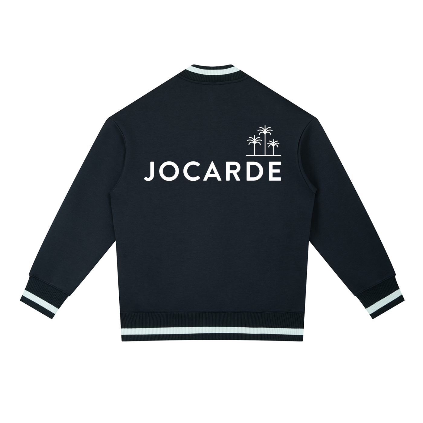 Navy Blue back jacket with 'JOCARDE' branding on the back against a white background