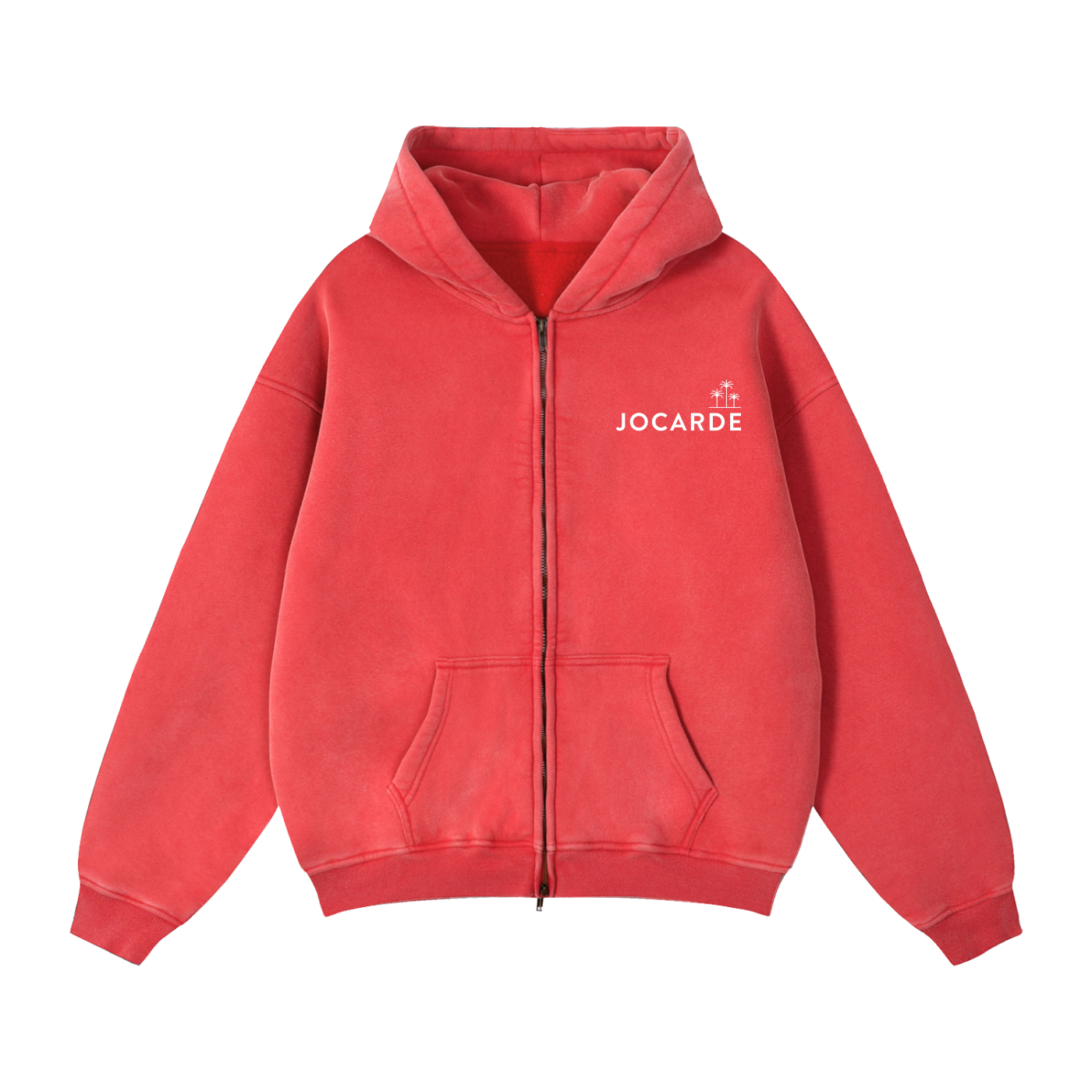 Red hoodie with 'JOCARDE' logo on a white background