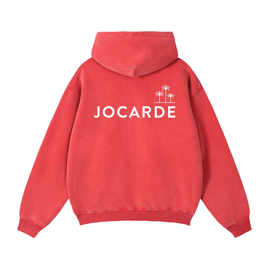 Red hoodie with 'JOCARDE' logo on the back against a white background