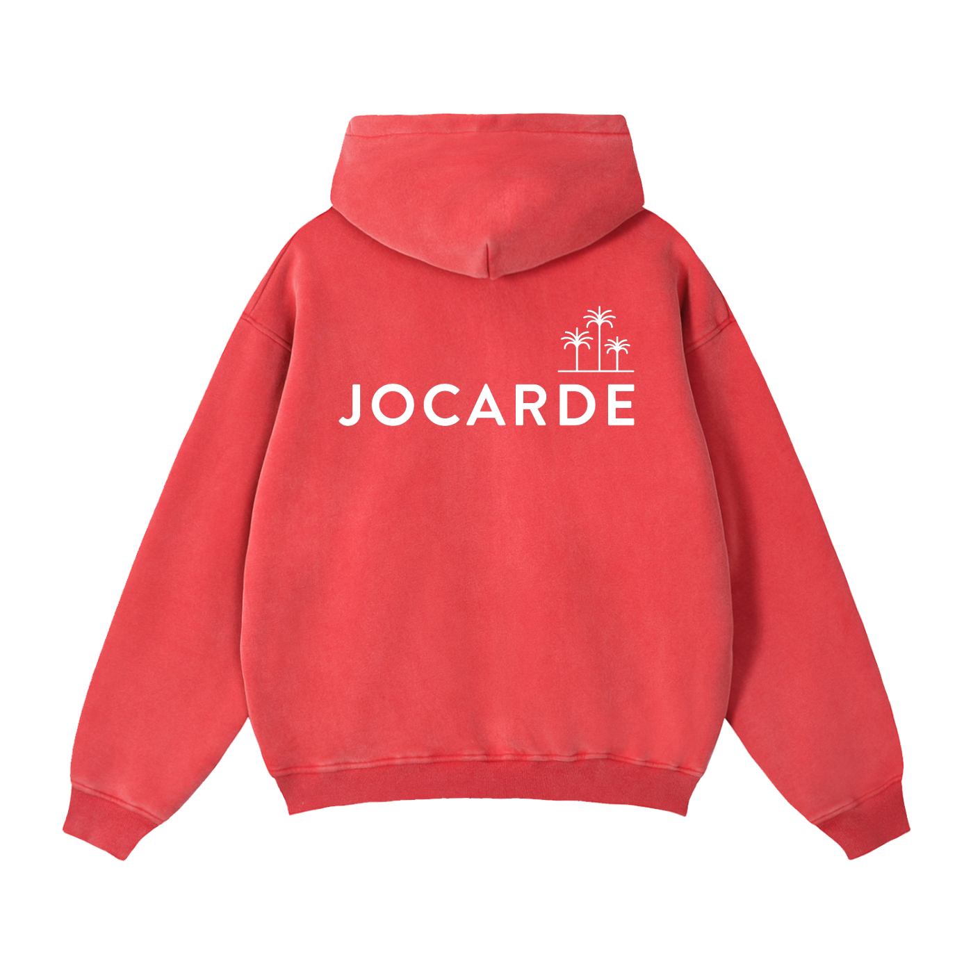 Red hoodie with 'JOCARDE' logo on the back against a white background
