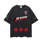 Black t-shirt with 'JOCARDE' branding and red star design on a white background