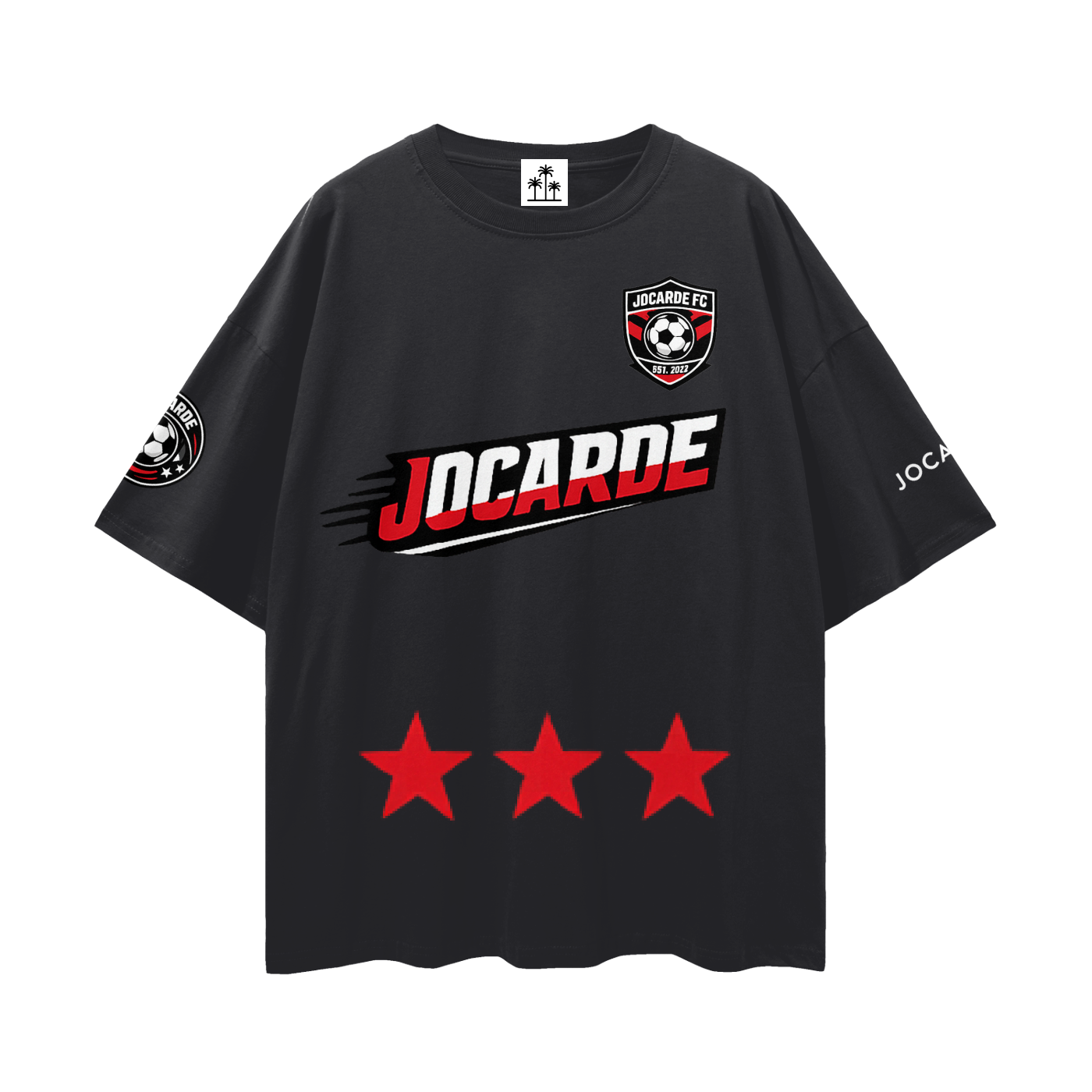 Black t-shirt with 'JOCARDE' branding and red star design on a white background