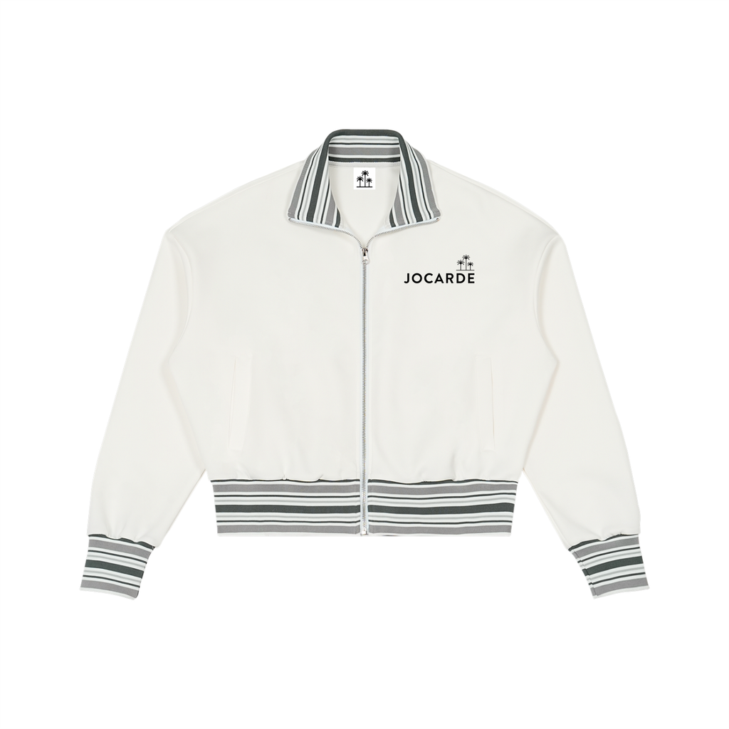 White jacket with black and gray striped accents on a white background, featuring the Jocarde brand.