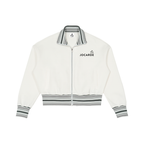 White jacket with black and gray striped accents on a white background, featuring the Jocarde brand.
