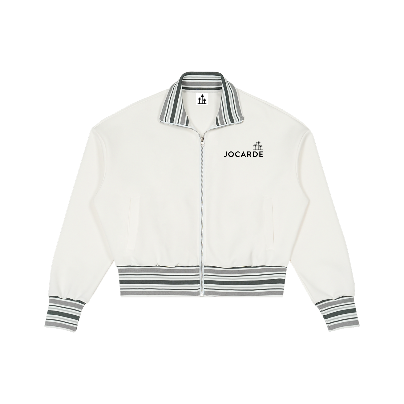 White jacket with black and gray striped accents on a white background, featuring the Jocarde brand.