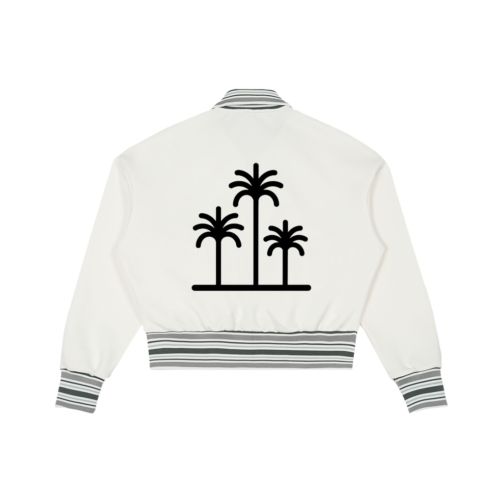 White jacket with black palm tree design on the back against a white background