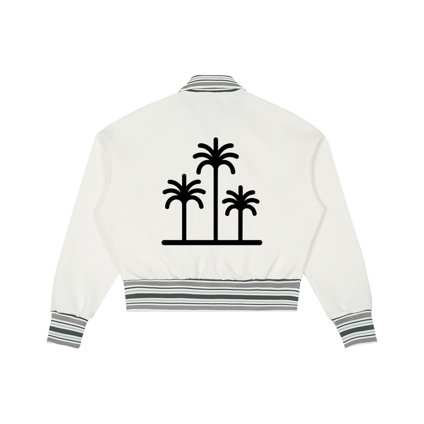 White jacket with black palm tree design on the back against a white background