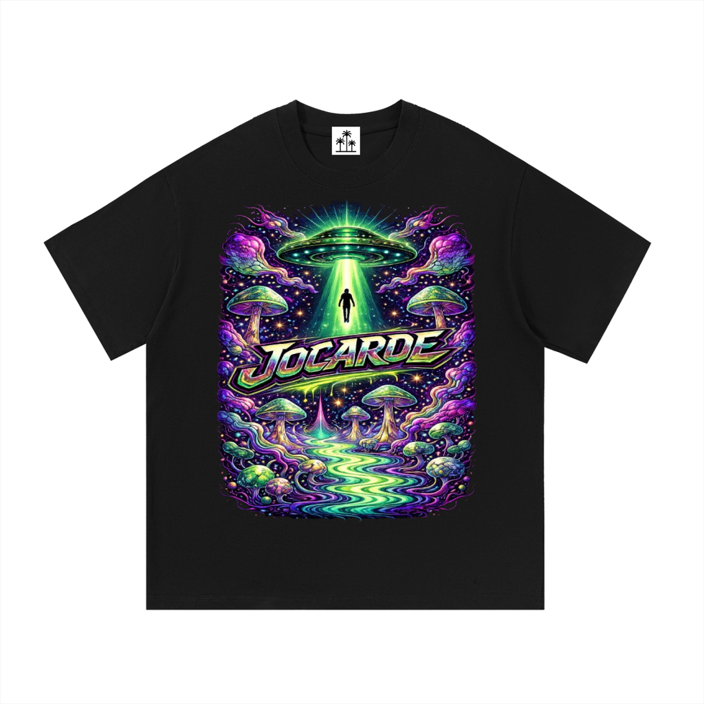 Black t-shirt with a colorful graphic design featuring mushrooms, an UFO, and the word 'Jocarde' on a white background.